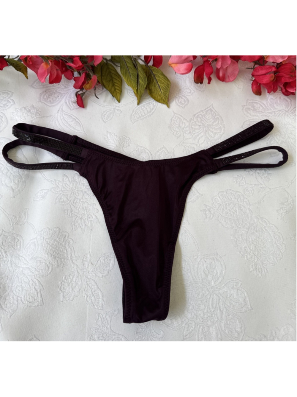 VICTORIA'S SECRET XS SILKY WINE VERY SEXY THONG RHINESTONE STRAP PANTIES NWT